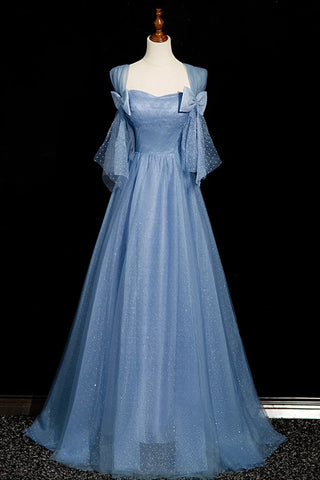 Sweetheart Bow A Line Tulle Blue Prom Dress