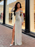Sequin Trumpet Mermaid Off The Shoulder Champagne Prom Dress With Slit