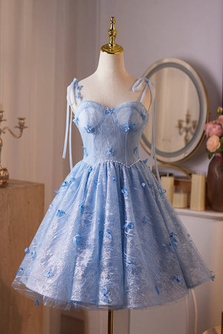 Short A-Line Spaghetti Strap Blue Tulle Homecoming Dress