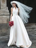 Satin Belt Backless A Line V Neck Wedding Dress