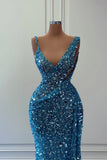 Floor-Grazing Turquoise V Neck Sequin Prom Dress