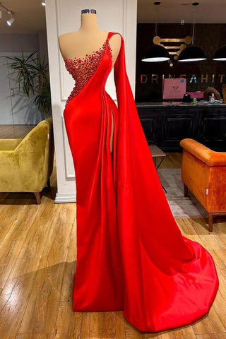 One Shoulder Red Mermaid Satin Prom Dress With Slit