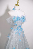 Sequins & Blue Butterfly A Line Silver Prom Dress