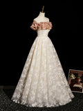 Off Shoulder Tulle Print A Line Champagne Prom Dress