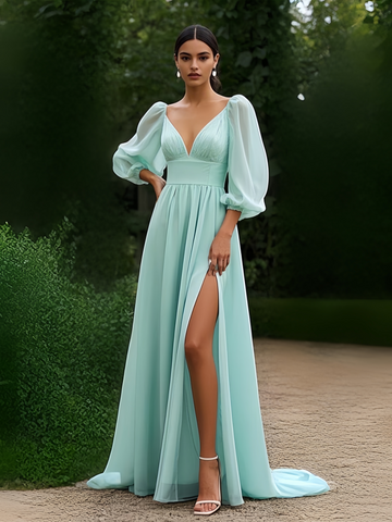 Mint Green A Line Long Sleeve Chiffon Prom Dress With Slit