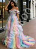 Sparkle Tulle Rainbow Off The Shoulder A Line Prom Dress