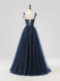 Spaghetti Strap Sequin Navy Tulle Sparkle Prom Dress
