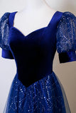 Blue Velvet & Tulle Sequins A Line Prom Dress