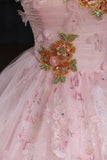 Lace Off The Shoulder A Line Beading Pink Tulle Prom Dress