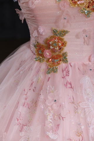 Lace Off The Shoulder A Line Beading Pink Tulle Prom Dress