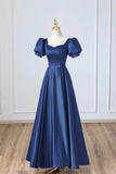 Short Sleeve Navy Satin A-Line Long Prom Dress