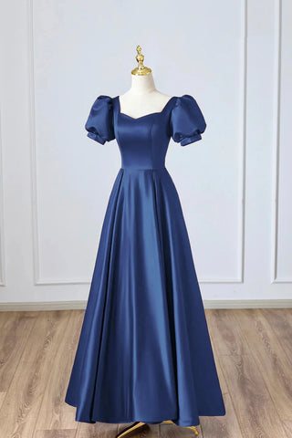 Short Sleeve Navy Satin A-Line Long Prom Dress