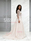 Champagne Tulle Long Sleeves V Neck Beading A Line Wedding Dress