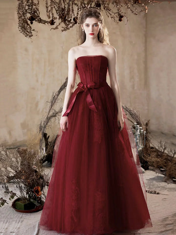 Tulle A Line Lace Up Belt Burgundy Prom Dress