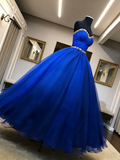 Tulle Royal Blue Strapless Crystal Polka Dot Sweetheart Ball Prom Dress