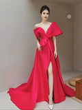 Off The Shoulder A Line Pink Satin Prom Dress With Slit