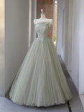 Sequins Strapless Green Tulle A Line Prom Dress
