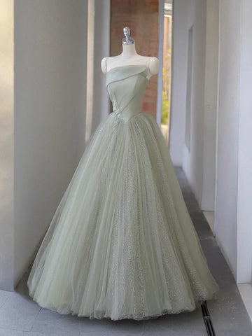 Sequins Strapless Green Tulle A Line Prom Dress