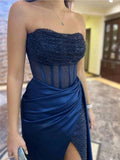 Sequin Strapless Navy Blue Prom Dress with High Slit