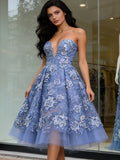 Sweetheart Tulle Blue A Line Flower Prom Dress