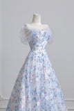 Tulle Off The Shoulder A Line Blue Floral Prom Dress
