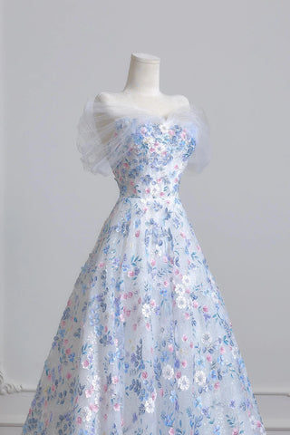 Tulle Off The Shoulder A Line Blue Floral Prom Dress