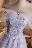 Princess Tulle A Line Blue Flower Prom Dress