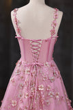 A-Line Spaghetti Straps Pink Applique Tulle Prom Dress