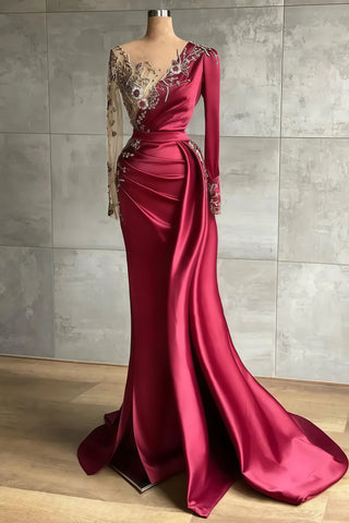 Beading Burgundy Satin Trumpet Mermaid Long Sleeve Prom Dress
