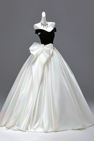 A Line Navy Velvet & White Satin Long Prom Dress