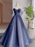 Blue Tulle Star Print Off the Shoulder Prom Dress