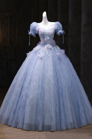 Tulle Square Sequin Puffy Sleeve Blue A Line Prom Dress