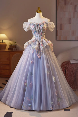 Tulle Floral Appliques Light Purple Off The Shoulder Prom Dress