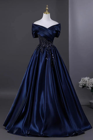 Beading A Line Off The Shoulder Navy Satin Prom Dress