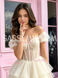 White Puffy Sleeve Short Mini Tulle Homecoming Dress