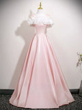 Off Shoulder Satin Pink A Line Ruffles Prom Dress