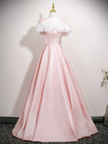 Off Shoulder Satin Pink A Line Ruffles Prom Dress
