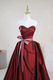 Satin Off The Shoulder Burgundy Ruched Belt Prom Dress