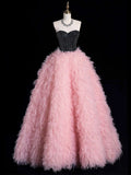 Tulle Ruffles A Line Black & Pink Prom Dress