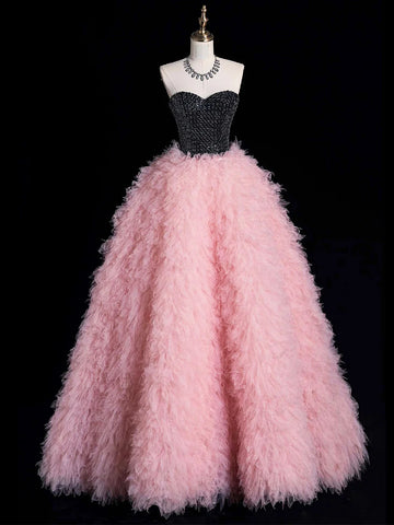 Tulle Ruffles A Line Black & Pink Prom Dress