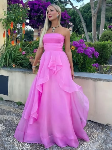 Pink Strapless Simple Tulle Ruffles A Line Prom Dress