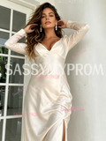 Champagne V Neck Long Sleeve Elastic Satin Tea Length Wedding Dress With Slit