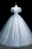 Short Sleeve A Line Appliques Blue Tulle Prom Dress