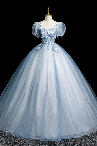 Short Sleeve A Line Appliques Blue Tulle Prom Dress