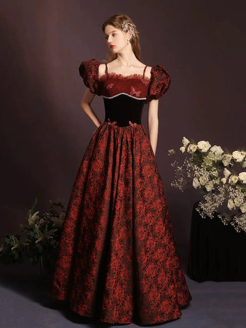 Rose Print A-Line Floor Length Burgundy Prom Dress