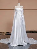 White Satin Ruched Shawl A-Line Wedding Dress
