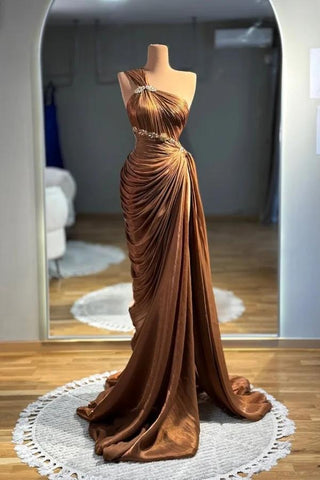 One Shoulder Satin Pleats Crystal Waist Brown Prom Dress