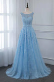 Lace Embroidery Sky Blue A Line Prom Dress