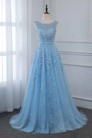 Lace Embroidery Sky Blue A Line Prom Dress