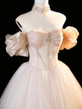 Tulle Beading A Line Corset Champagne Prom Dress